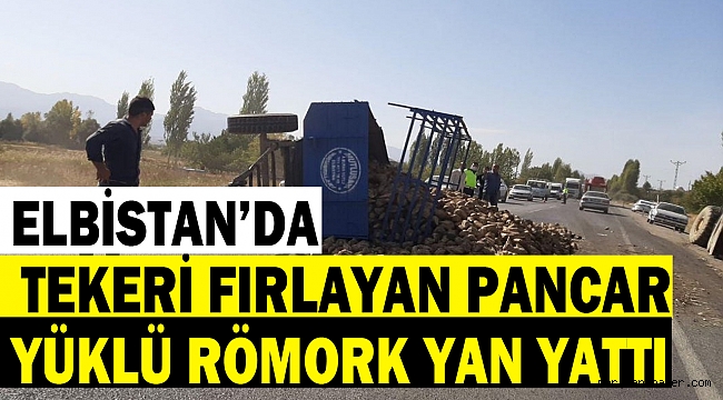 Tekeri fırlayan pancar yüklü römork yan yattı