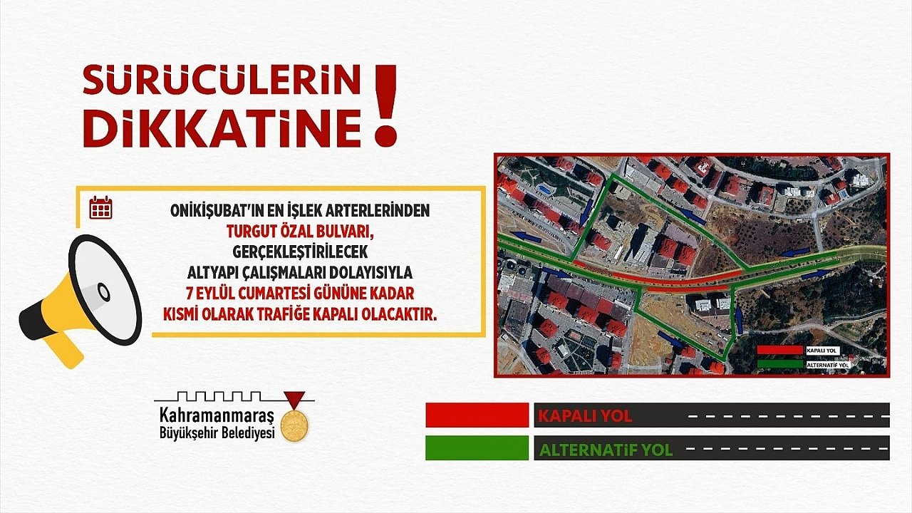 Turgut Özal Bulvarı’nda Altyapı Çalışmaları Nedeniyle Kısmi Trafik Kısıtlaması