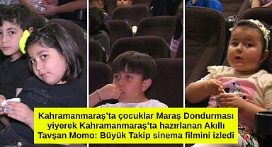 Kahramanmaraş'ta çocuklar Maraş Dondurması yiyerek Kahramanmaraş'ta hazırlanan Akıllı Tavşan Momo: Büyük Takip sinema filmini izledi